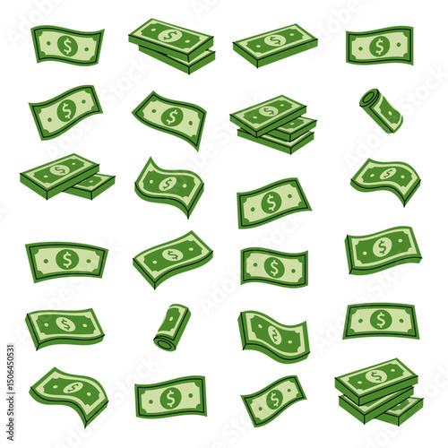 Set of green dollar bills. Finance, investment, business concept. Vector illustration.