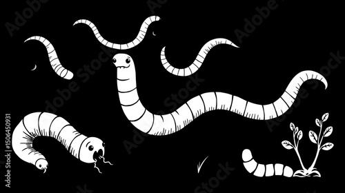 worm set hand drawn. simple vector, earth pink, compost garden worm vector sketch. isolated black illustration