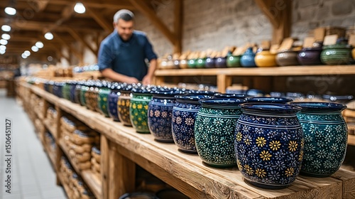 Colorful pottery jars displayed on wooden shelves in a store.