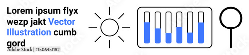 Sun icon, magnifying glass, and row of test tubes partially filled with liquid. Ideal for science, research, innovation, discovery, sustainability, education renewable energy simple landing page
