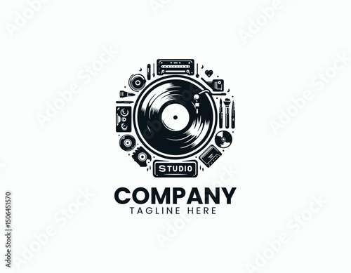 Stylish Vinyl Record and Music Studio Representation Vector Logo Design