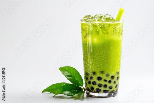 Iced green bubble tea with tapioca pearls, isolated on white for a refreshing visual display.