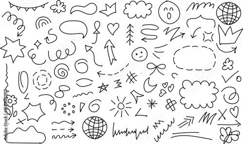 Hand-drawn doodle set with hearts, stars, arrows, scribbles, speech bubbles, emoji, flowers. Cute vector line art for stickers, digital art, branding, design, stationery, and illustrations.