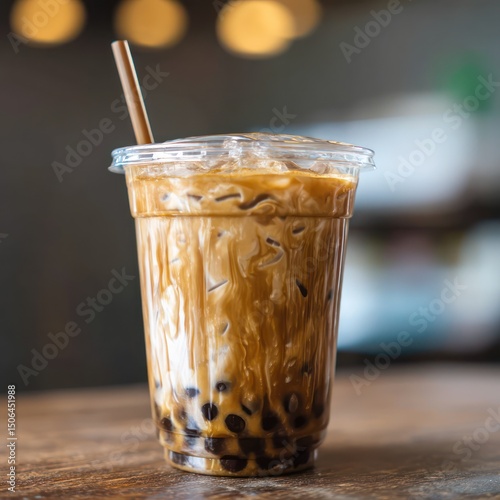 Clear plastic cup filled with iced brown sugar boba latte, featuring tapioca pearls.