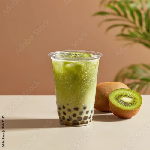 Iced kiwi bubble tea served in a clean, clear cup, providing a refreshing and fruity sip.