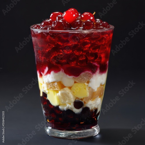 Dessert drink featuring boba pearls, jelly, and cream served in a clear cup.