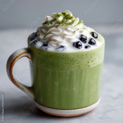 Whipped cream-topped matcha green tea latte with boba pearls, perfect for an inviting visual.