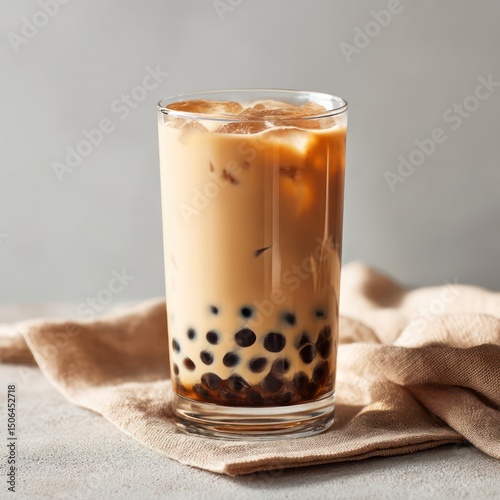 Simple iced chai milk tea in a clear glass, served with chewy boba pearls for texture.