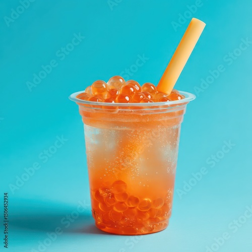 Refreshing peach bubble tea served in a clear cup, with visible chewy tapioca pearls.