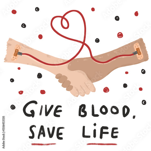 Cute give blood save life text world international blood donor donate donation day word campaign slogan symbol icon doodle with confetti kids illustration crayon watercolor medical vecto modern design