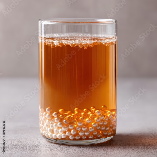 Peach tea served in a clear glass with tapioca pearls, against a neutral backdrop for simplicity.