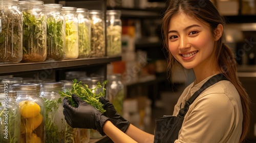 Herbalist's Delight: A radiant herbalist, clad in an apron and gloves, curates her collection of natural botanicals, a symphony of nature's finest essences.