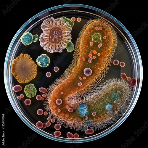 Colorful microscopic view of diverse microorganisms in a petri dish under laboratory conditions