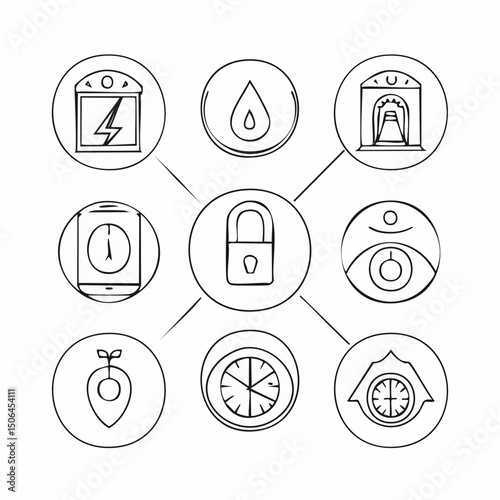 A clean vector icon representing digital wellness themes, including phone lock, screen time graph, blue light filter, and eye strain alerts.