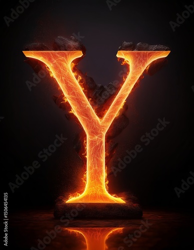 Fire-illuminated letter Y created with molten lava effects
