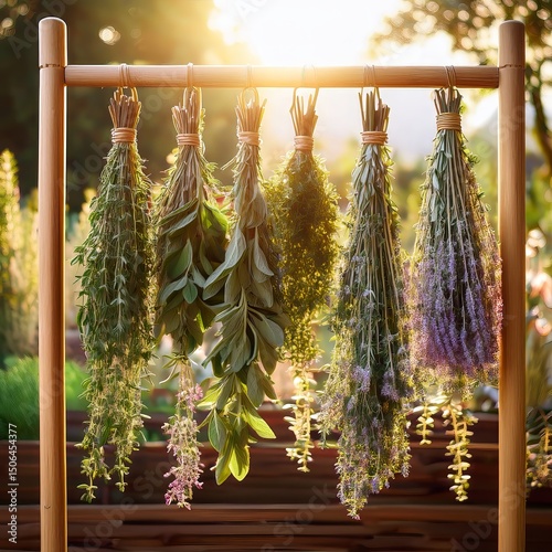 Hanging herbs dry in sunlight at a peaceful garden during late afternoon hours