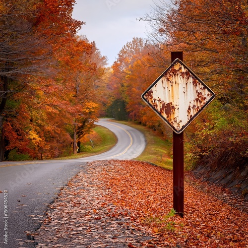 Winding road surrounded by vibrant autumn foliage with a weathered sign on a quiet day