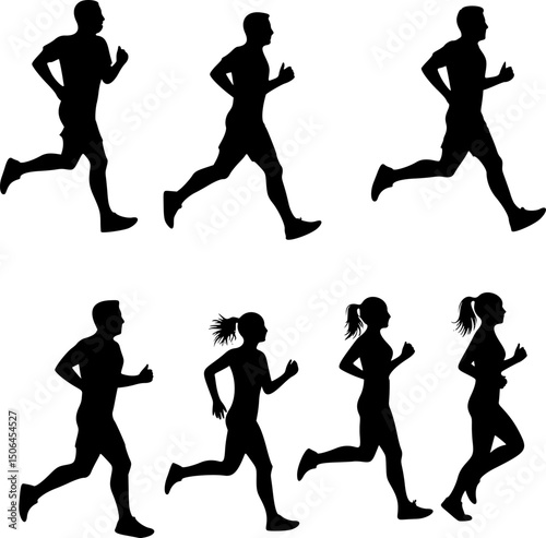 Running men and women, isolated vector silhouettes. Run, side view. Silhouettes of athletic looking male and female runners running. EPS 10 version.