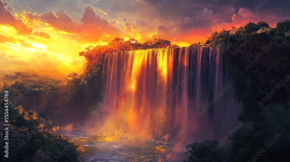 Fototapeta premium Fiery Sunset Illuminates Jungle Waterfall