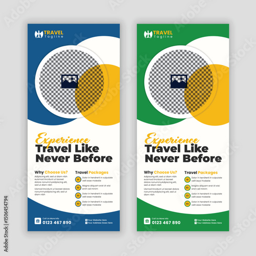 Modern Travel Business Promotion DL Flyer or Rack Card Design Template for Holiday Tour Packages, Vacation Deals, Adventure Travel, Tourism Services, and Travel Agencies