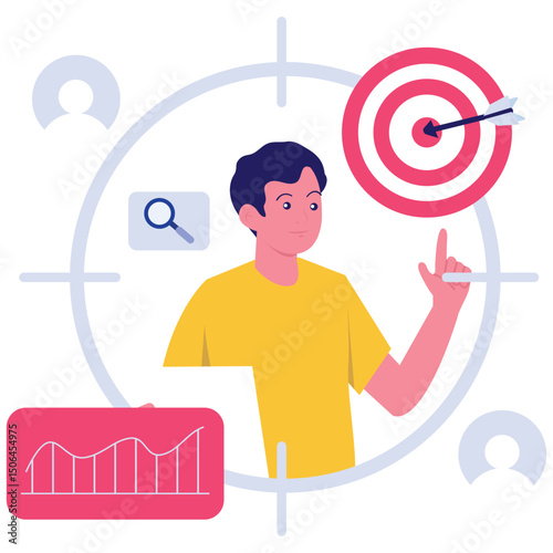 Target Audience Illustration. Vector illustration of A man pointing toward a target icon inside a crosshair to illustrate accurate audience targeting. Isolated on background