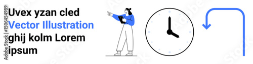 Female figure with clipboard gestures towards text. Clock highlights time focus, arrow emphasizes direction. Ideal for time management, workflow, schedule planning, guidelines, deadlines, navigation