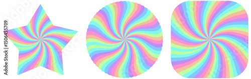 A rainbow pinwheel illustration, bended twisted rays. Clean style