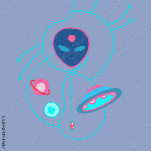 Abstract color illustration of aliens. the space plate, the face, the crystals and the planet are connected by a line