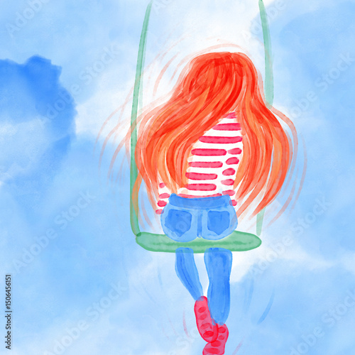 A girl with red hair, wearing a striped sweater, blue jeans and sneakers, swings on a swing looking at the sky. She looks carefree, happy and calm.