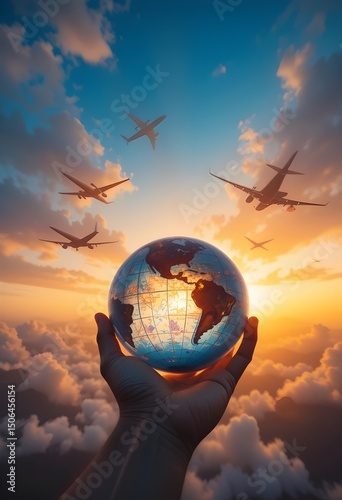 A world of possibilities held in hopeful hands planes soaring above painted with sunset hues on transparent background