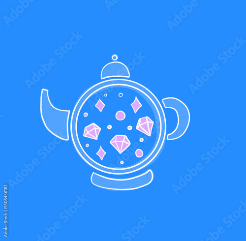 Cute teapot on a blue background with pink crystals inside