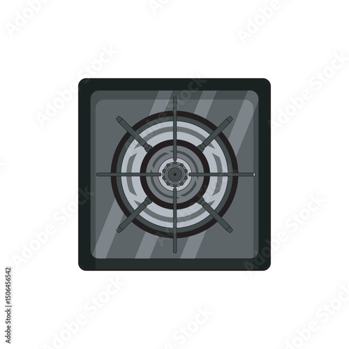 Top view of a modern gas kitchen stove burner with metal grate and reflective glass surface, ideal for kitchen appliance or cooking illustrations in digital design and projects.