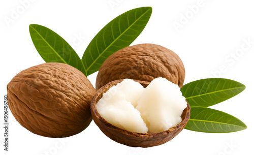 Shea Nuts with Butter and Green Leaves on transparent Background