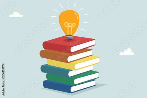 Education Concept. Vector illustration of a light bulb on a pile of books.