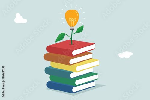 Knowledge, wisdom to create new ideas, creativity or innovation from reading books, education or learning new skills towards success, studying or library. Stack of books with light bulb plant.