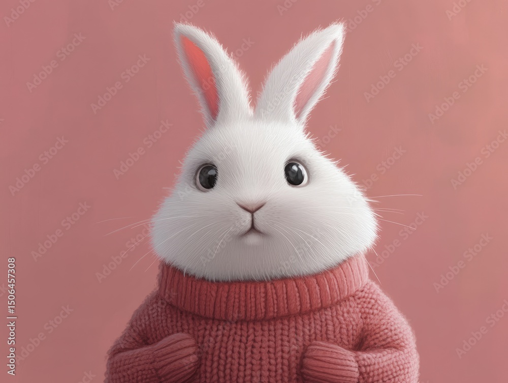 Obraz premium A fluffy white rabbit in a small sweater, set against a soft pink background