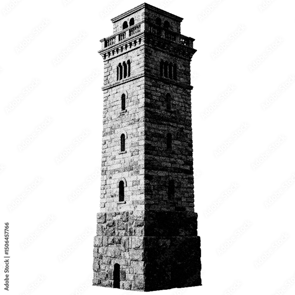 Obraz premium Historical stone tower halftone style illustration with a transparent background. Retro, graphic print aesthetic. Ideal for poster and collage design element, AI-based with human edited effects