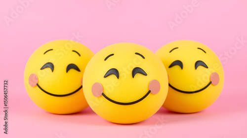 emotional, mood, naches concept: three yellow balls with gentle, proud smiles and soft, content eyes arranged in a close, supportive pattern against an isolated soft pink background