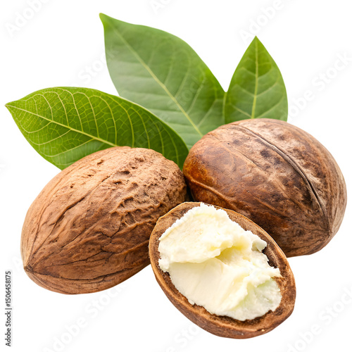 Shea Nuts with Butter and Green Leaves on transparent Background