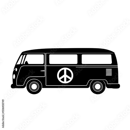 Vintage camper van icon with peace symbol for travel, retro vehicles, and counterculture illustrations