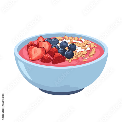 Cartoon smoothie bowl topped with berries, granola and coconut flakes on white background