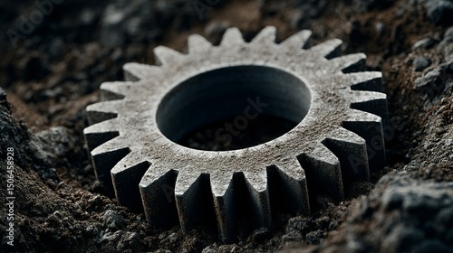Close-up of a weathered gear in dark earth.