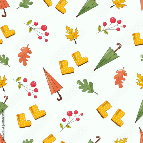 colorful autumn pattern, on an autumn theme. umbrellas, rubber boots, leaves, berries.