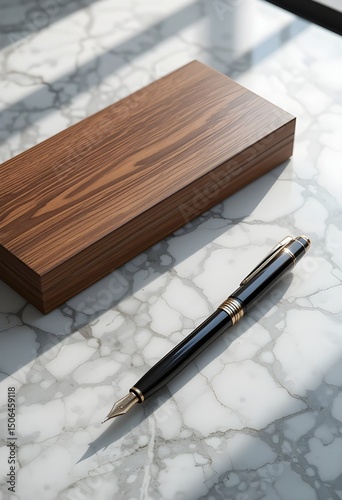 An elegant black fountain pen resting near its wooden case bathed in the calm of morning on transparent background