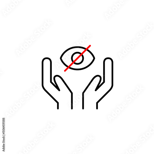 Vector icon of crossed-out eye held by two hands, symbolizing guarded privacy, protected secrets, or shared confidentiality. Ideal for security apps, counseling services, and privacy-focused platforms