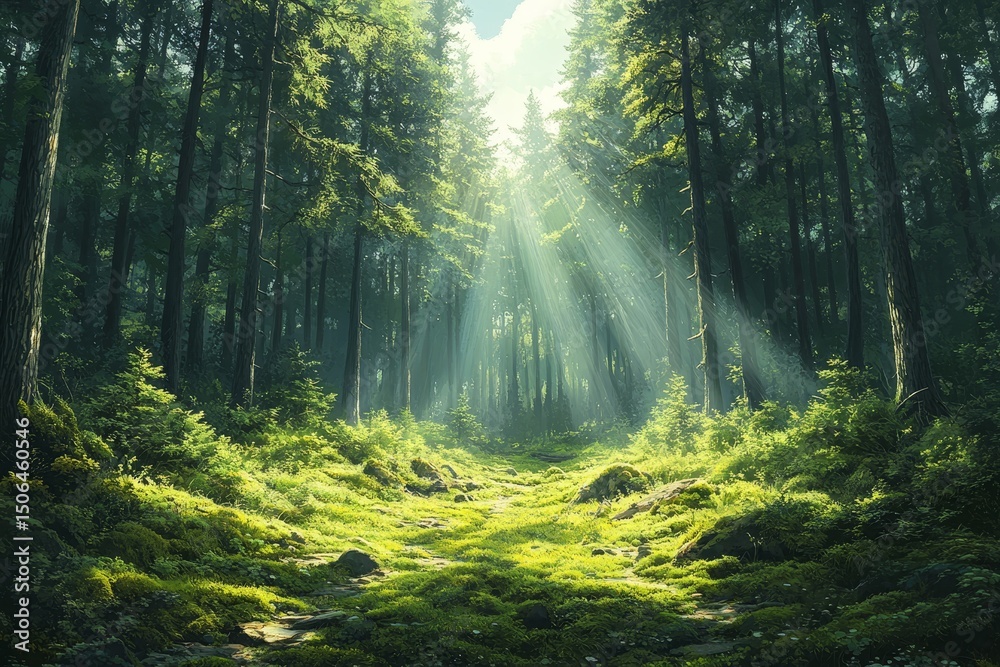 Fototapeta premium Sunbeams in mossy forest path