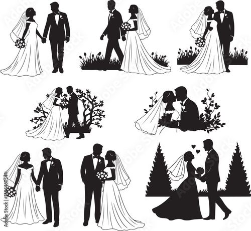 Bride and groom silhouettes. Bride and groom Lineart. Bride and groom clipart. Bride and groom vector art