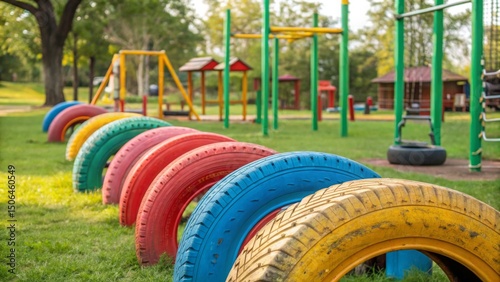 Recycle, reuse and renewal concept. Colorful tire playground equipment in a park setting.
