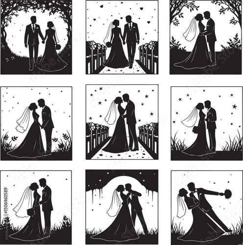 bride and groom silhouettes. Bride and groom Lineart. Bride and groom clipart. Bride and groom vector art photo