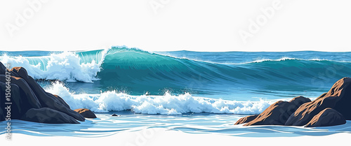 Ocean waves crashing on rocks vector simple 3d smooth isolated on white background